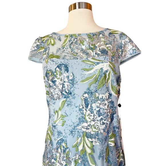 ADRIANNA PAPELL Sheath Cocktail Dress Blue Embellished Sequins Short Sleeves 8 - Picture 6 of 12